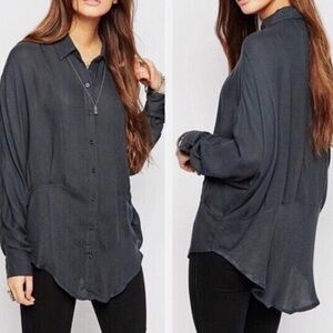 Free People Women's True Affection High-Low Herringbone Button-Up Shirt